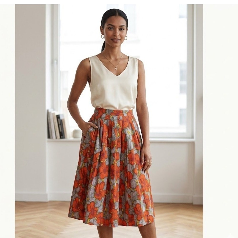 H&M Textured Floral Pleated A-Line Skirt Womens 4 Orange Grey Hibiscus Print